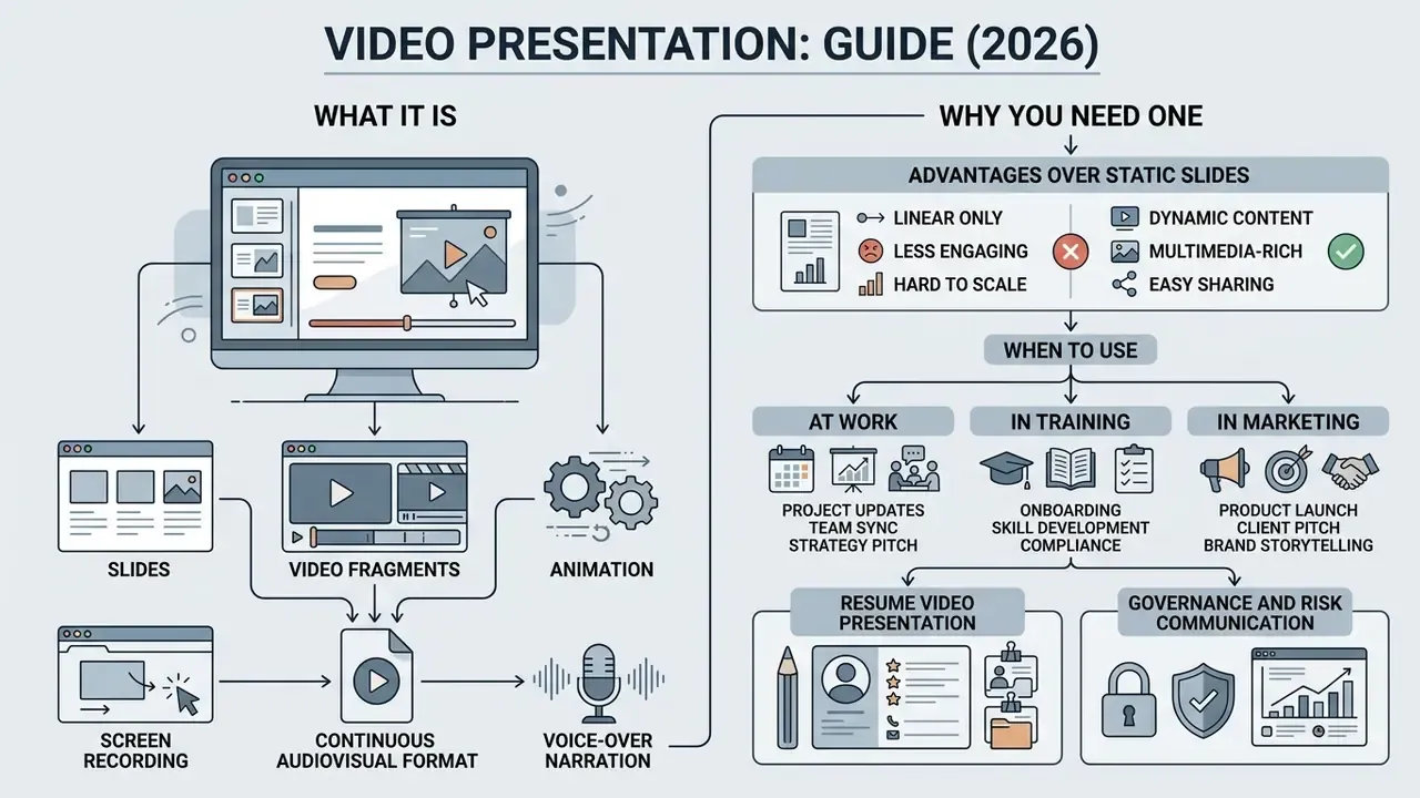 Infographic showing how slides, video, and animation combine into a continuous audiovisual format