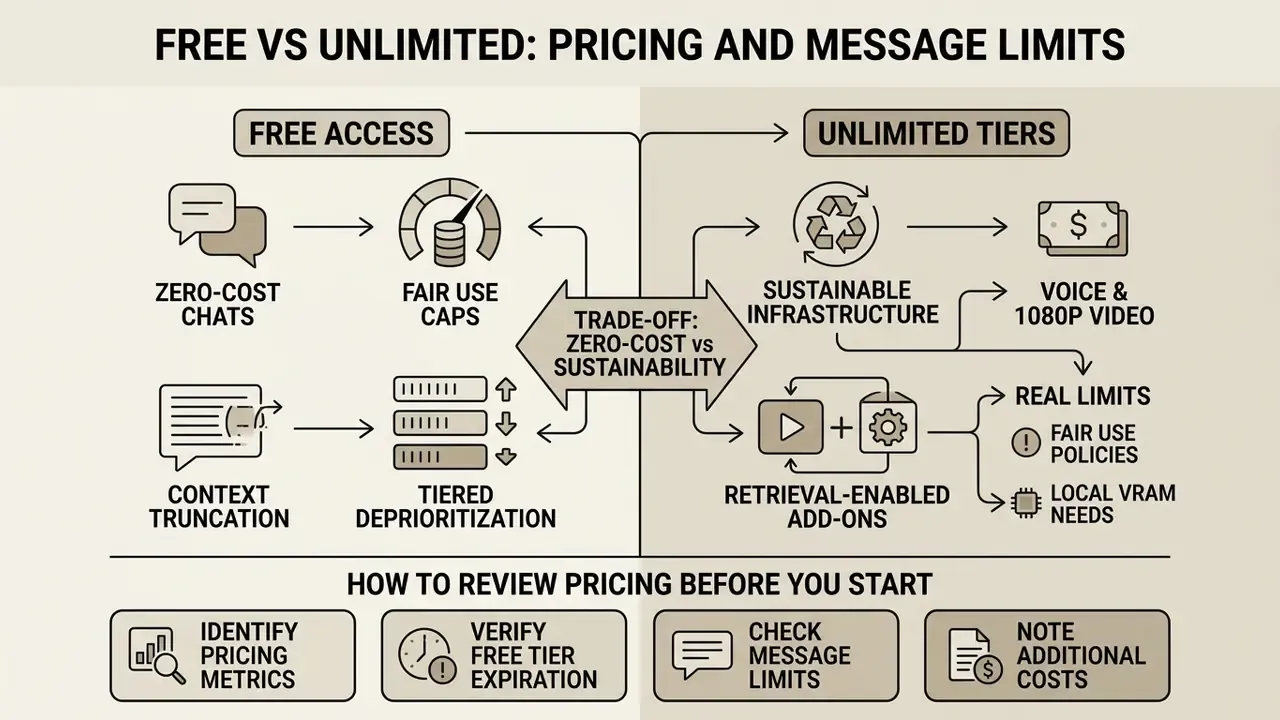 Comparison infographic showing trade-offs between free access and unlimited service tiers for AI tools