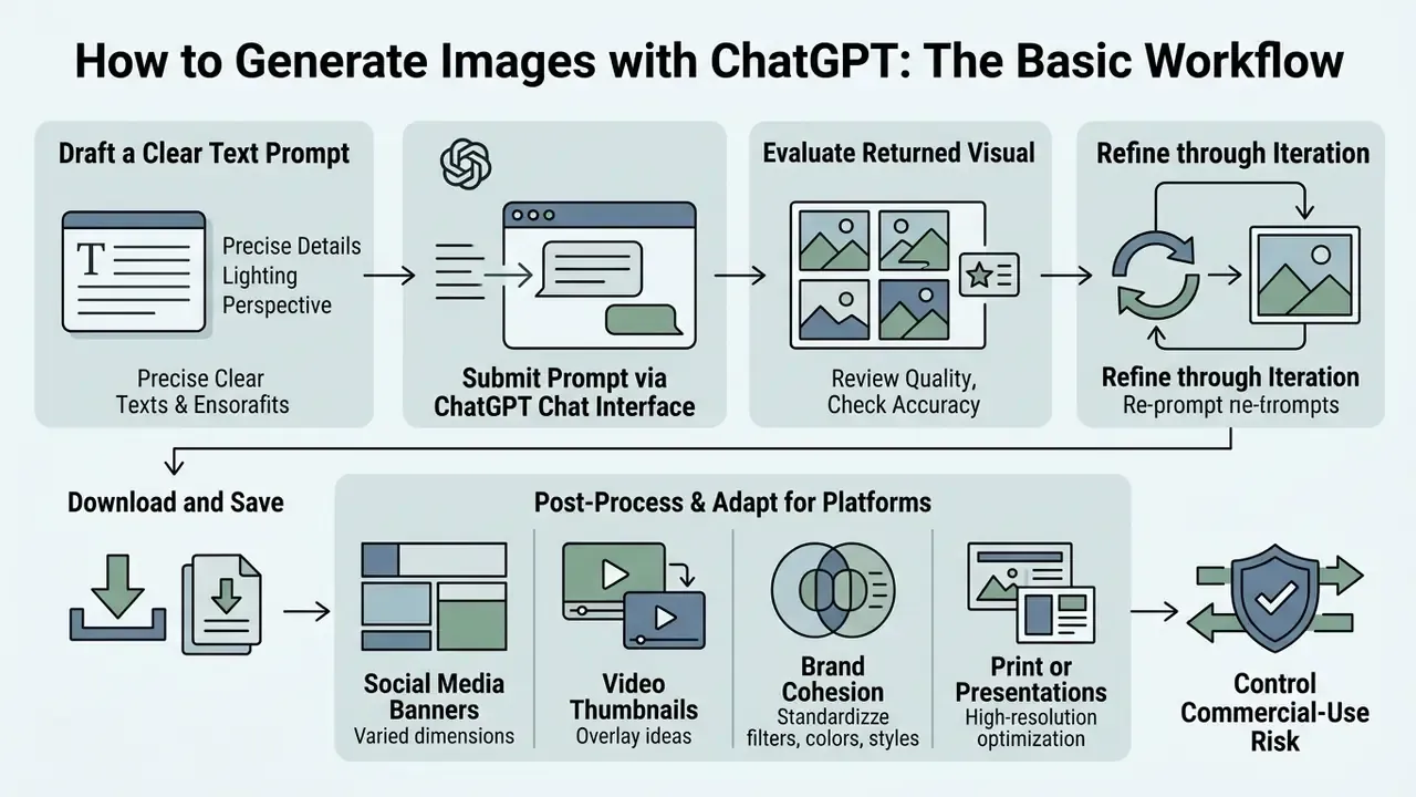 Flowchart detailing steps to generate images with ChatGPT from drafting prompts to platform adaptation