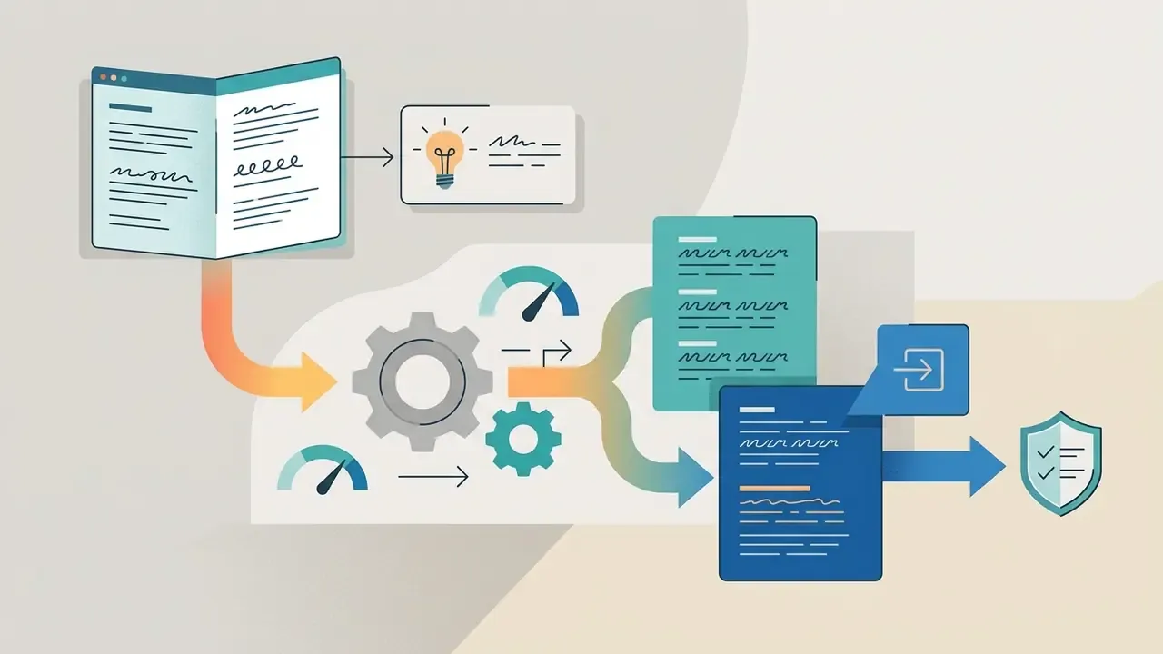 Text input and creative ideas flowing through mechanical gears into processed data and a secure output shield