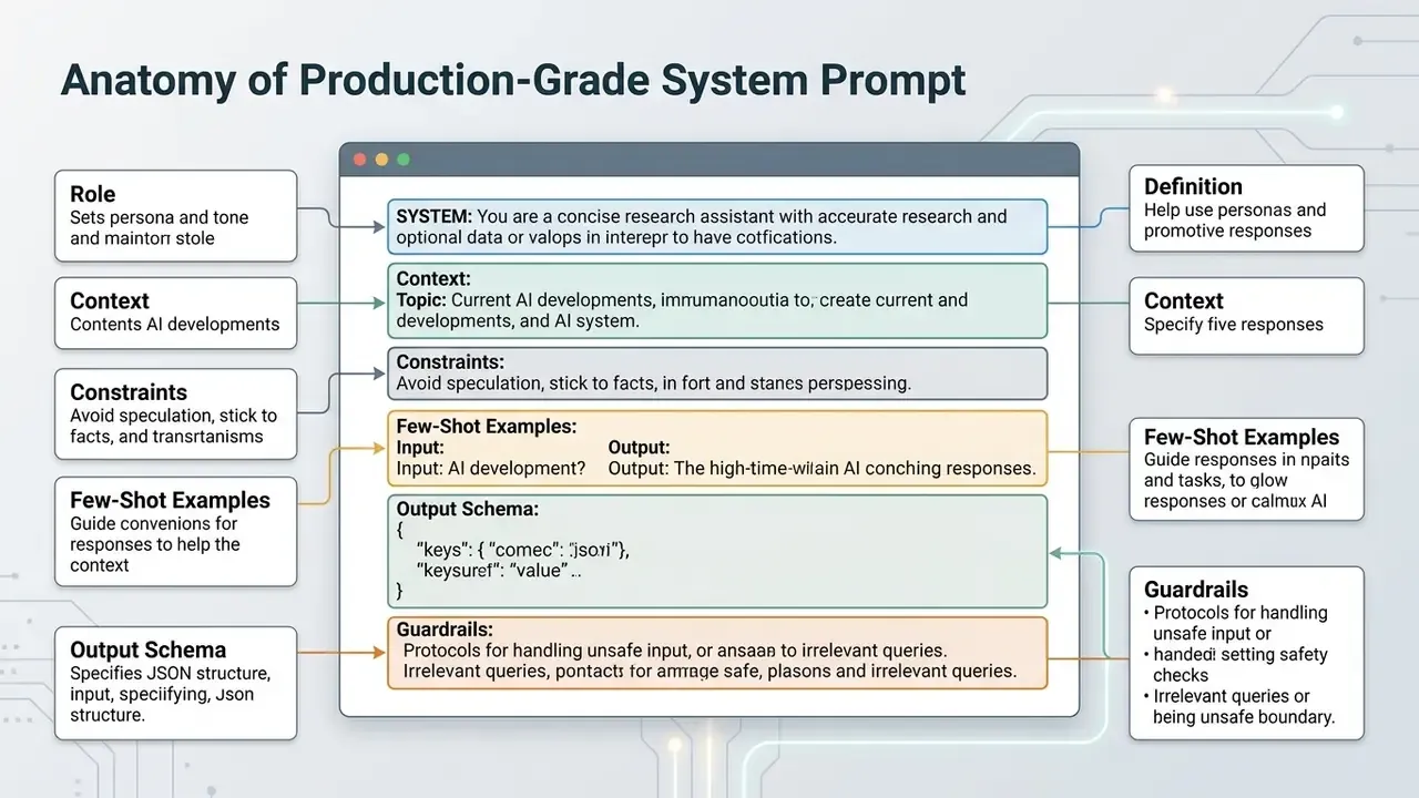 Breakdown of system prompt components including role, context, constraints, examples, and output schema