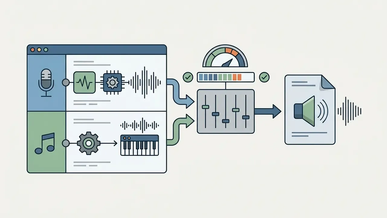 Voice and music inputs flowing into a mixing console to generate a final audio file