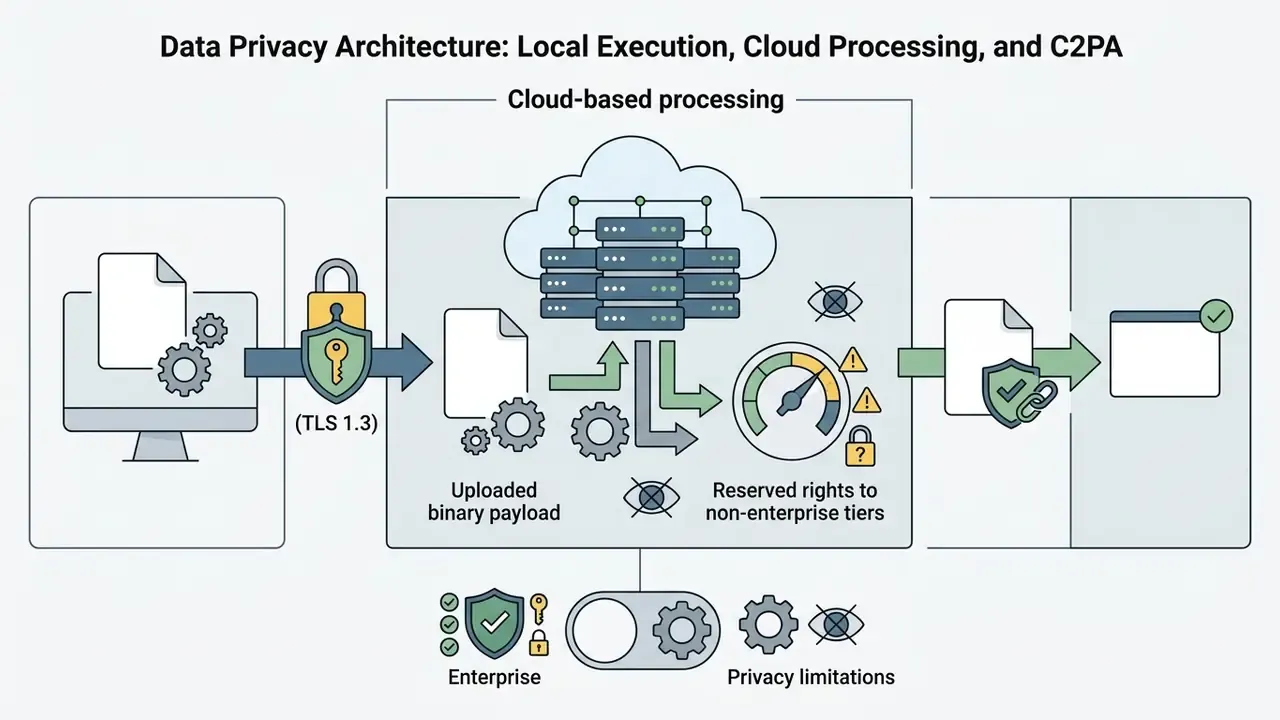 Flowchart showing data moving from a computer to cloud servers with encryption and privacy considerations