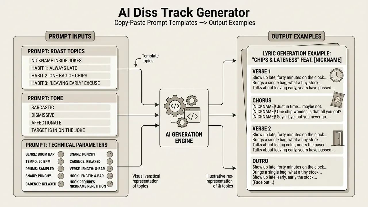 Diagram mapping specific prompt inputs about habits and tone to an engine that produces song lyrics