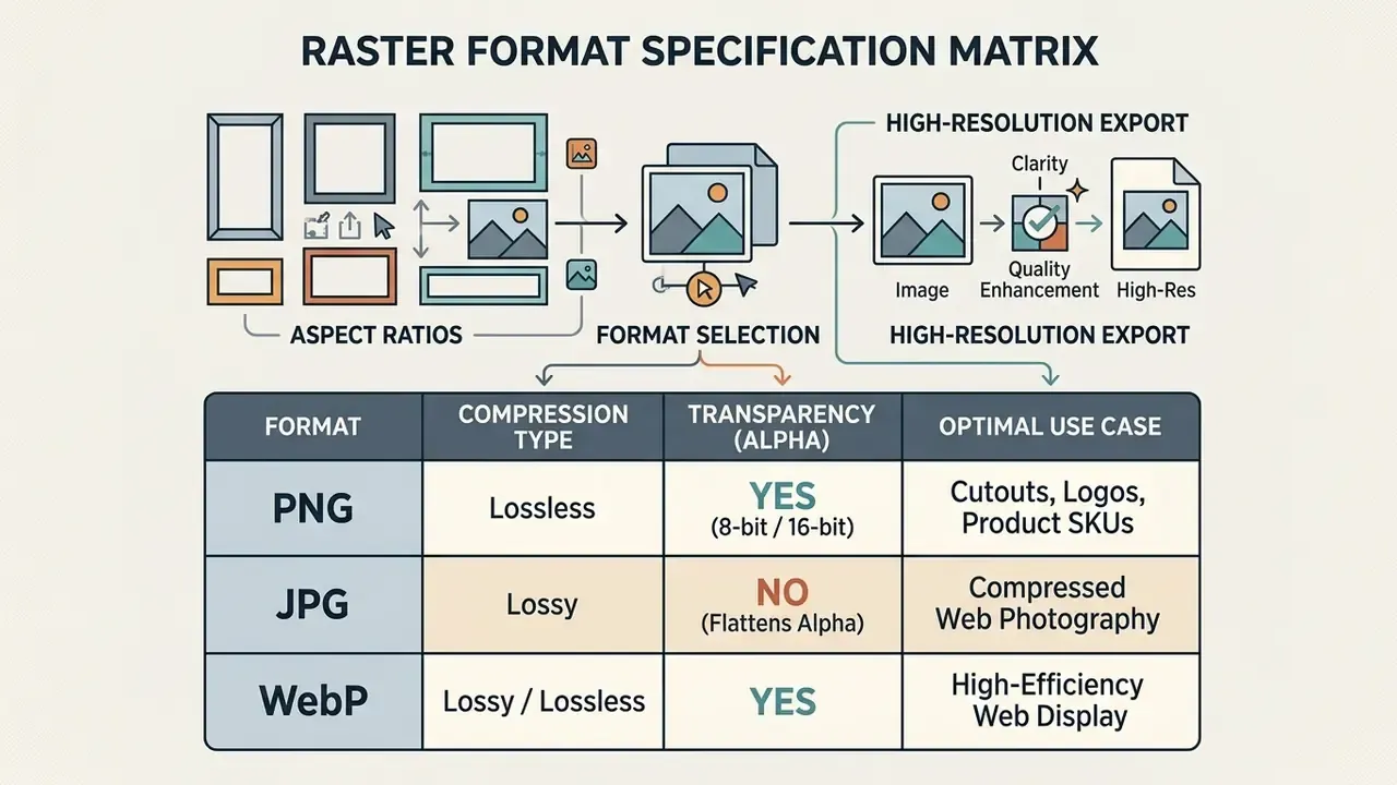 Matrix detailing raster file formats including compression, transparency, and use cases for image exports