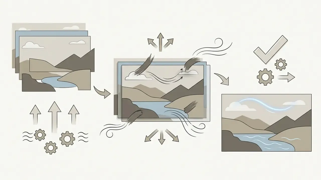 Layered illustration showing motion brushes applied to image segments to create atmospheric effects