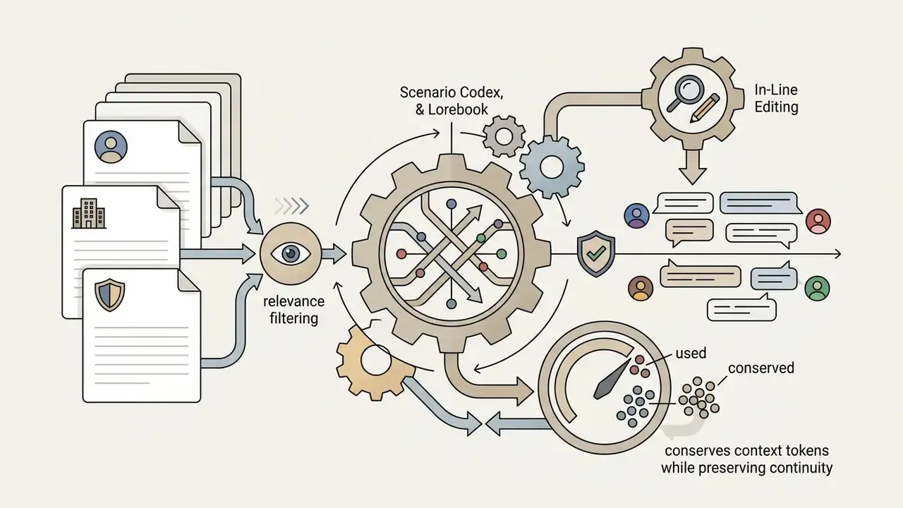 System of gears and filters processing lorebook entries into chat outputs to conserve context tokens