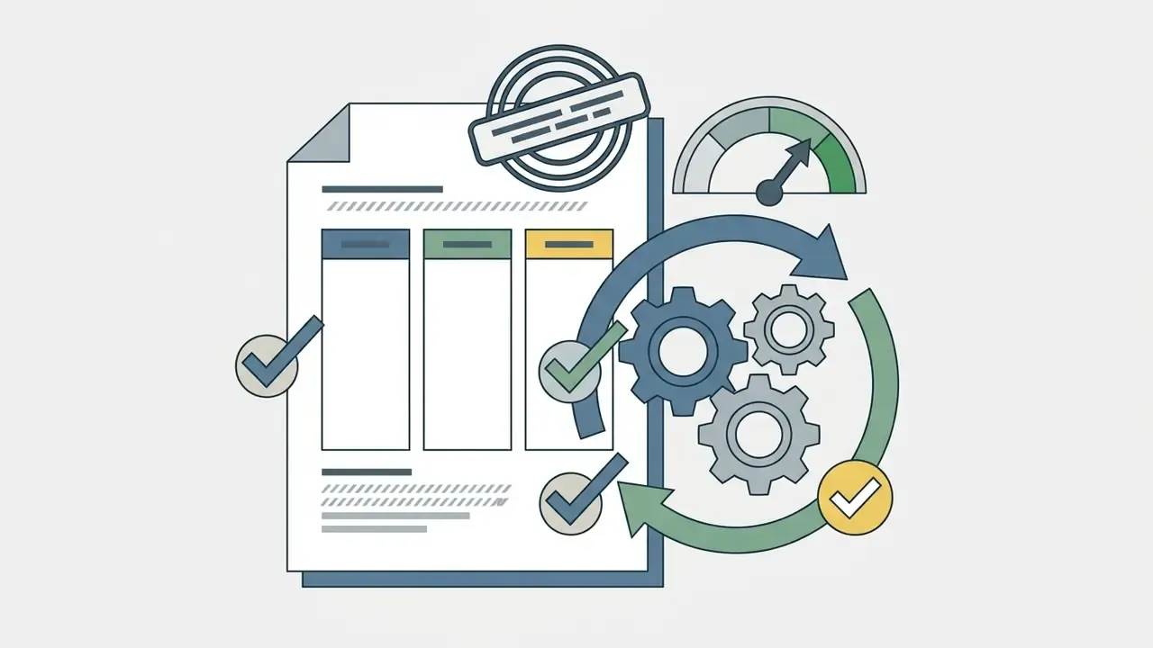 Document with columns and check marks surrounded by rotating gears and a performance gauge