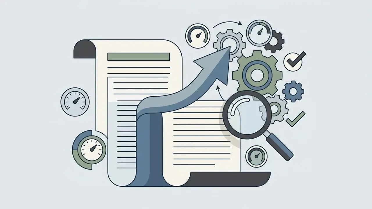 Documents with a rising arrow surrounded by gears, speed gauges, a magnifying glass, and checkmarks