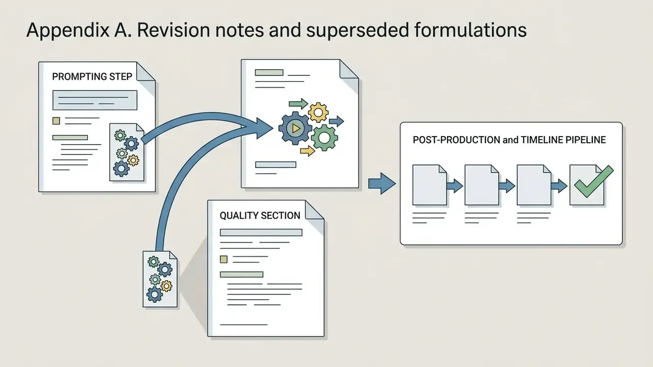 Gear icons from prompting and quality sections merging into a post-production and timeline pipeline