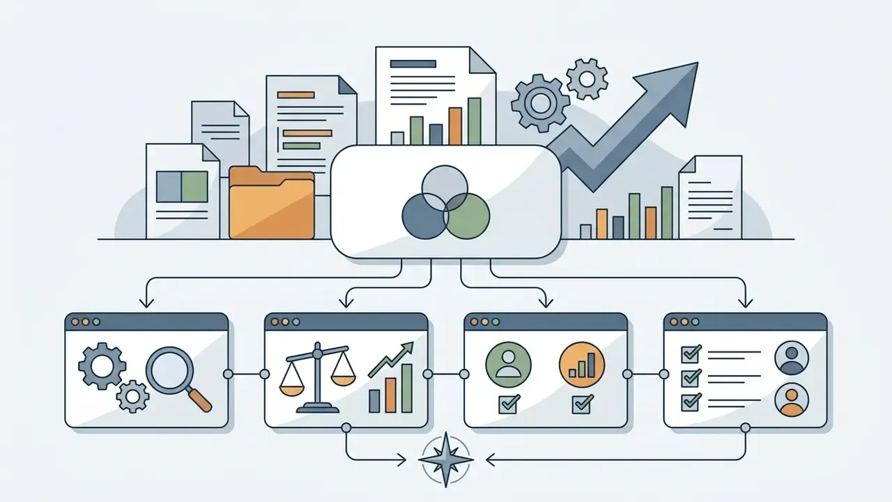 Central hub connecting document analysis, legal compliance, user profiles, and task checklists