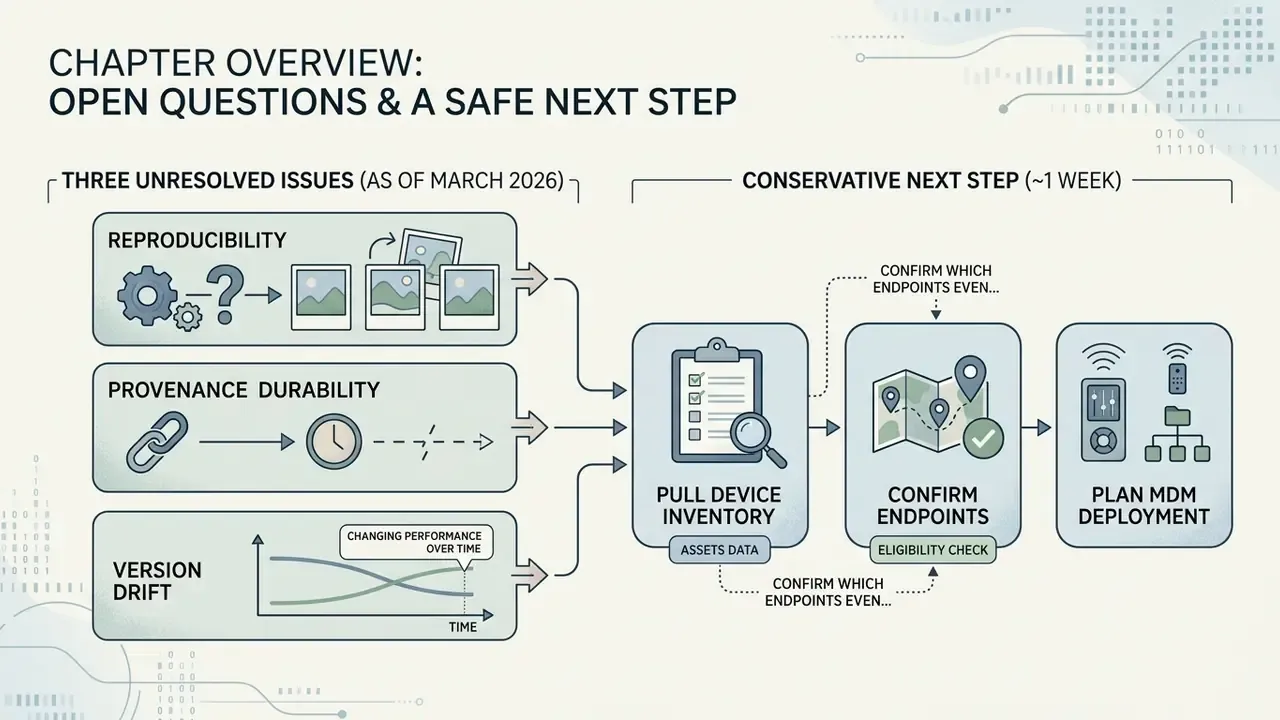 Infographic showing three unresolved technical issues leading into a multi-step device inventory process