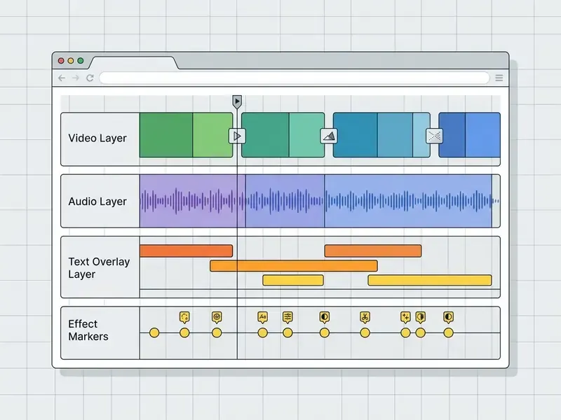 Browser interface displaying a multi-track video timeline with video, audio, text, and effect layers