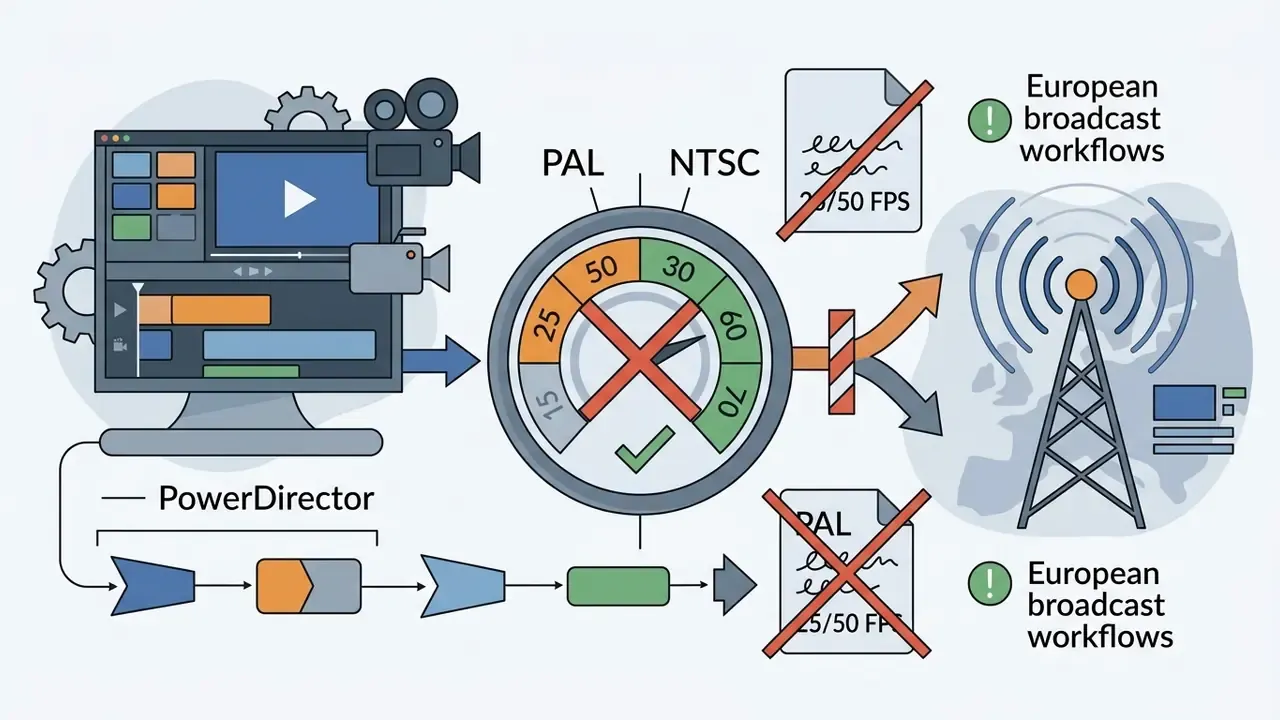 PowerDirector interface showing frame rate limitations for PAL broadcast workflows on a map