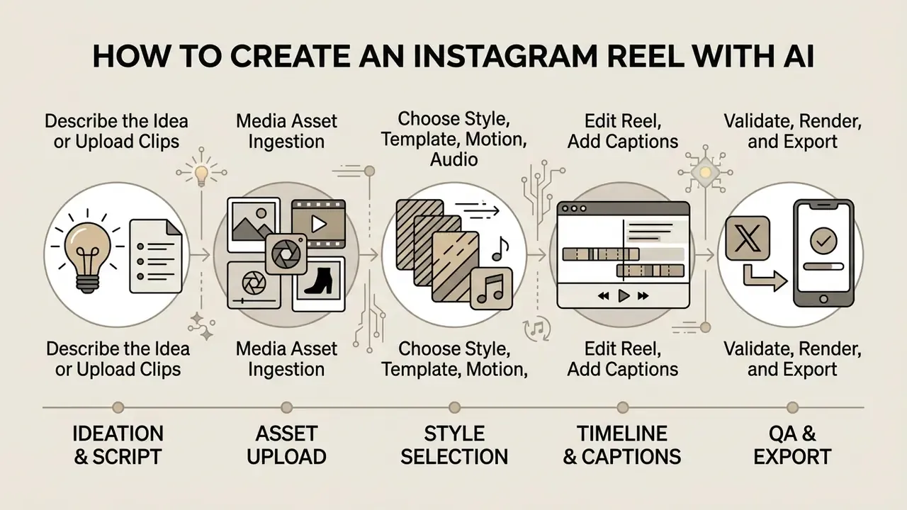 Step by step process showing ideation, asset upload, style selection, editing, and final video export