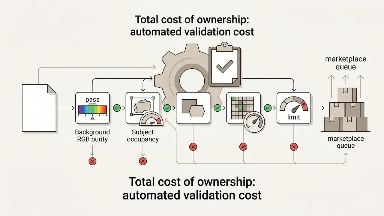 Sequential workflow showing automated quality checks for image assets before reaching a marketplace queue