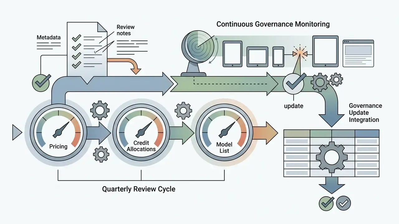 Three gauges for pricing and credit tracking flowing into a governance table with update checkmarks