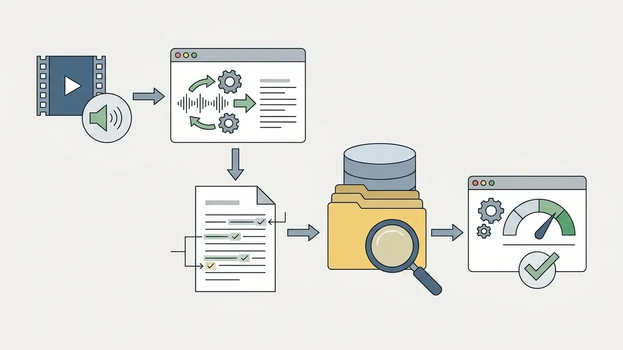 Video and audio files processed into text documents that are searched and analyzed for compliance