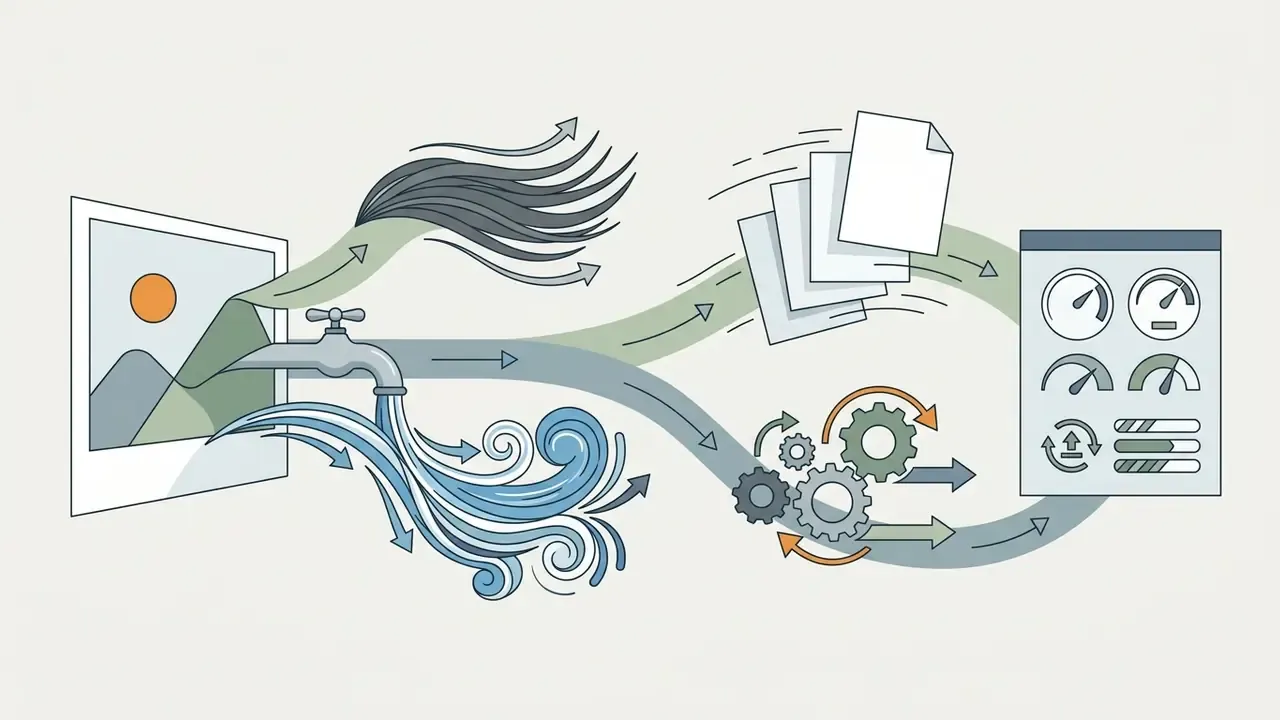 Faucet pipe drawing water from a photo into gears and gauges to demonstrate how to make a video from a photo