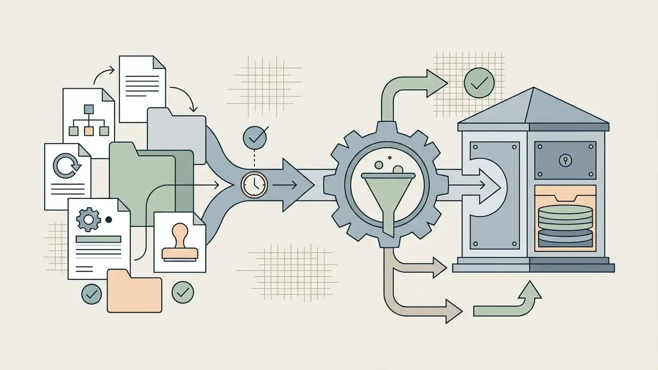 Documents and folders flowing through a gear-driven filter into a secure repository for storage