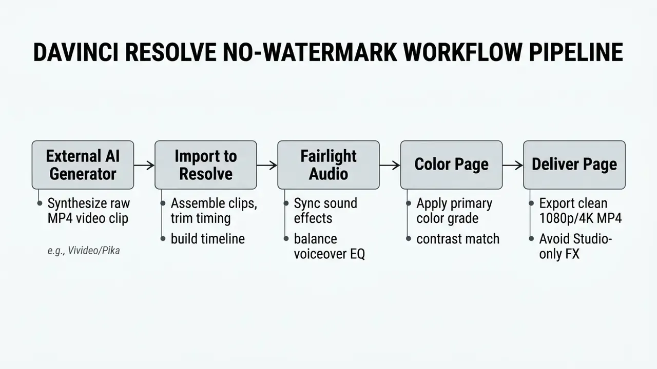 Sequential process diagram showing steps from AI video generation to final export in DaVinci Resolve