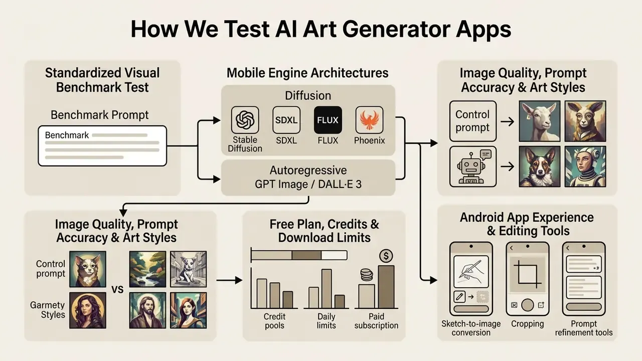 Flowchart detailing the evaluation process for AI art generator apps using benchmarks and model types