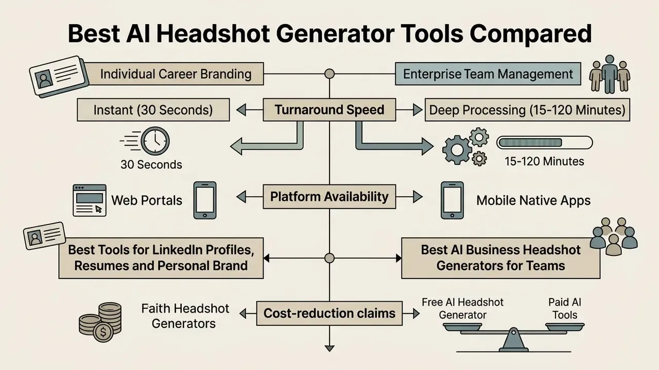 Comparison chart showing turnaround speed, platform availability, and use cases for AI headshot generators