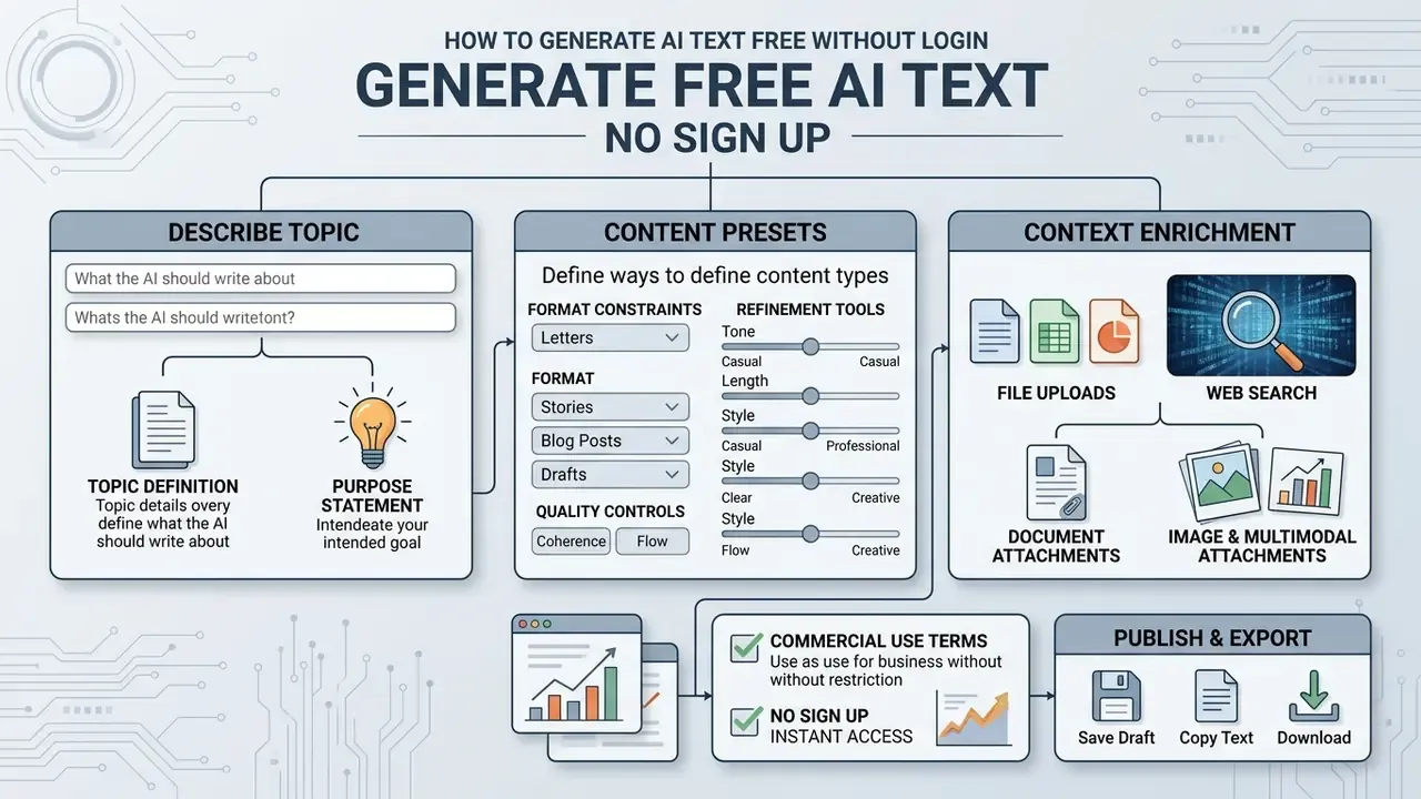 Flowchart detailing steps for topic definition, content presets, and context enrichment for AI generation
