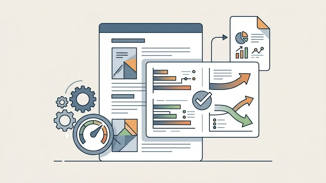 Document being updated with performance metrics and a checkmark to verify data accuracy