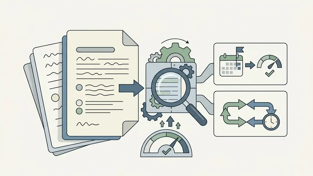 Documents and a magnifying glass feed into a gear system that outputs calendar and cycle status metrics