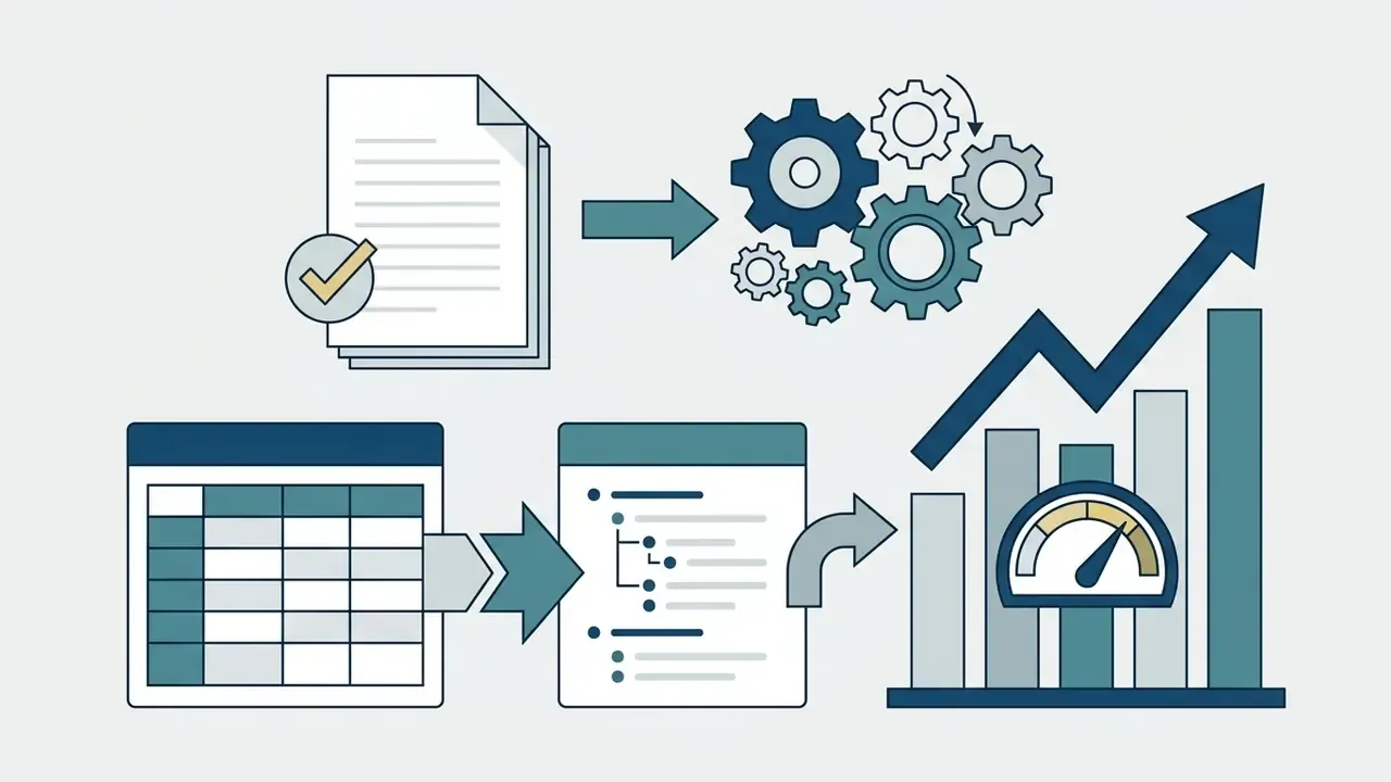 Verified document feeding into gears and data tables to produce a growth chart with a performance gauge