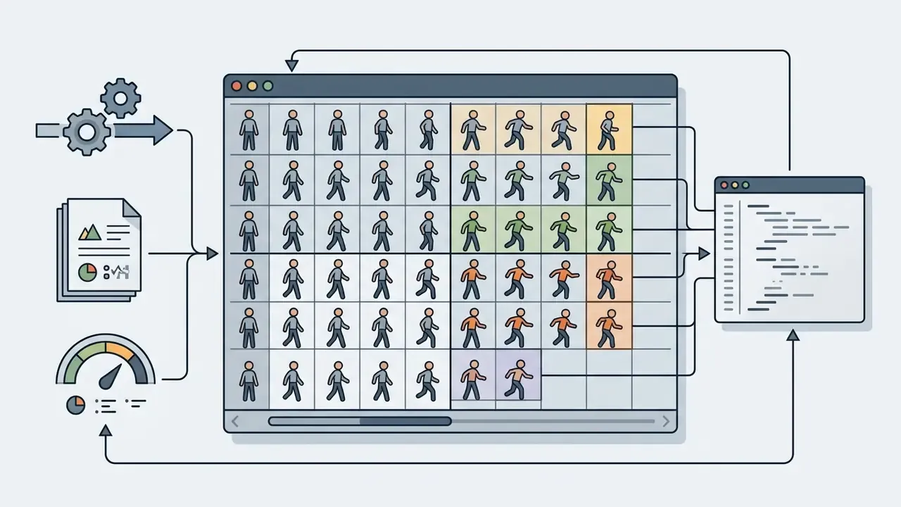 Grid of character animation frames linked to a code window with input icons on the left