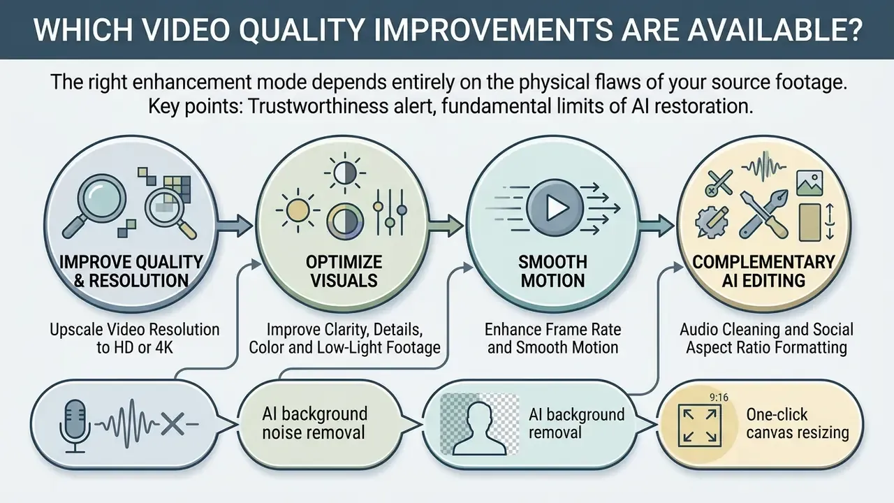 Diagram mapping video enhancement options like resolution upscaling, motion smoothing, and AI audio cleanup