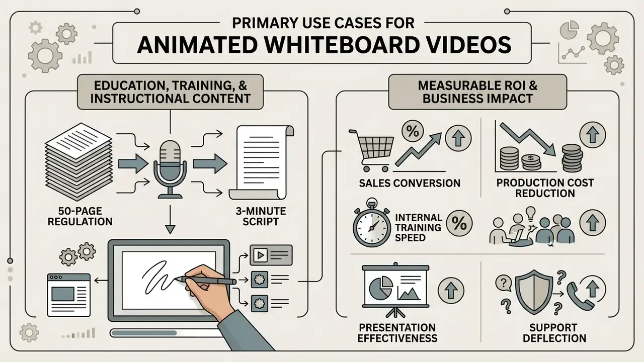 Infographic comparing instructional content creation processes with measurable business impact metrics