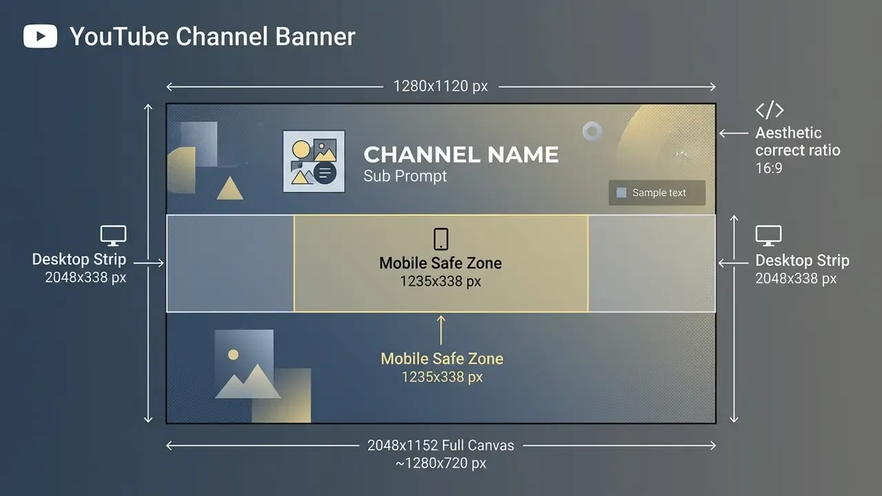 Layout showing dimensions for a 2048x1152 YouTube banner with desktop and mobile safe zones