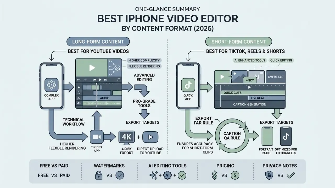 Comparison infographic showing different video editing workflows for long-form and short-form content