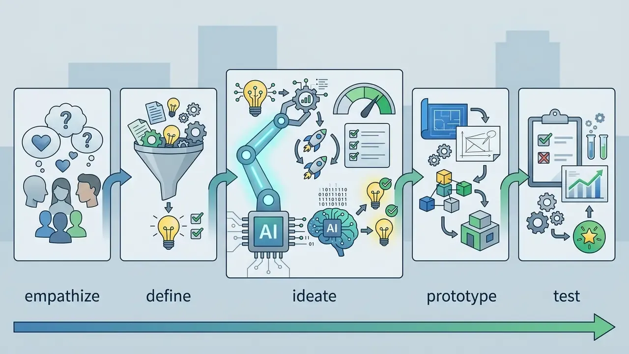 Five-step project flow showing icons for empathize, define, ideate, prototype, and test stages