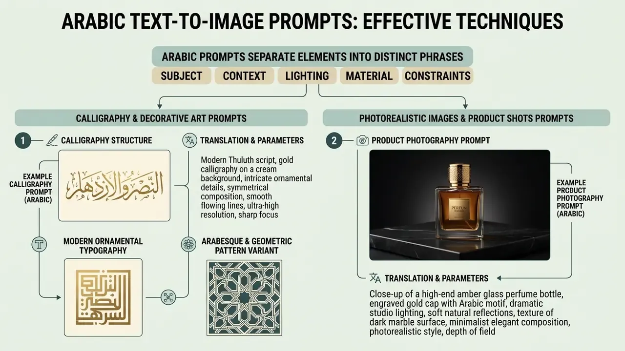 Infographic breaking down prompt structures for Arabic calligraphy and photorealistic product images
