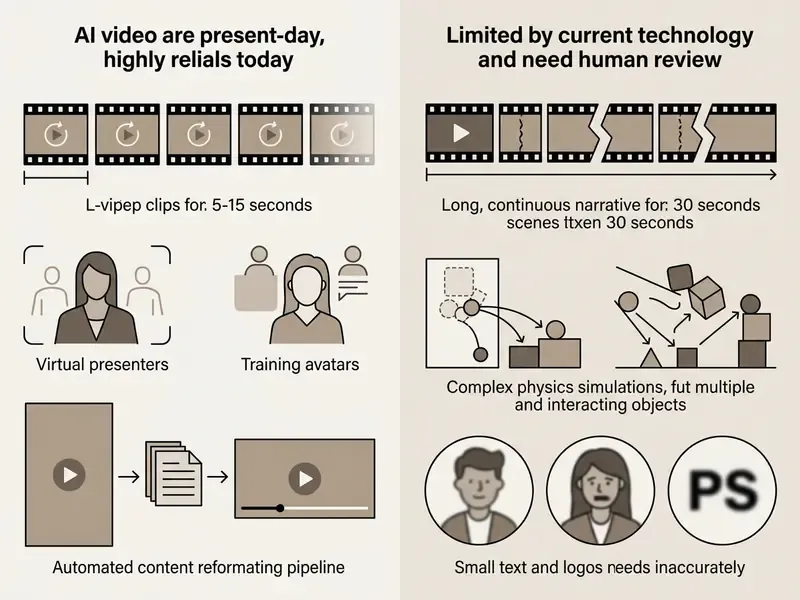 Infographic comparing reliable AI video capabilities against current technical limitations
