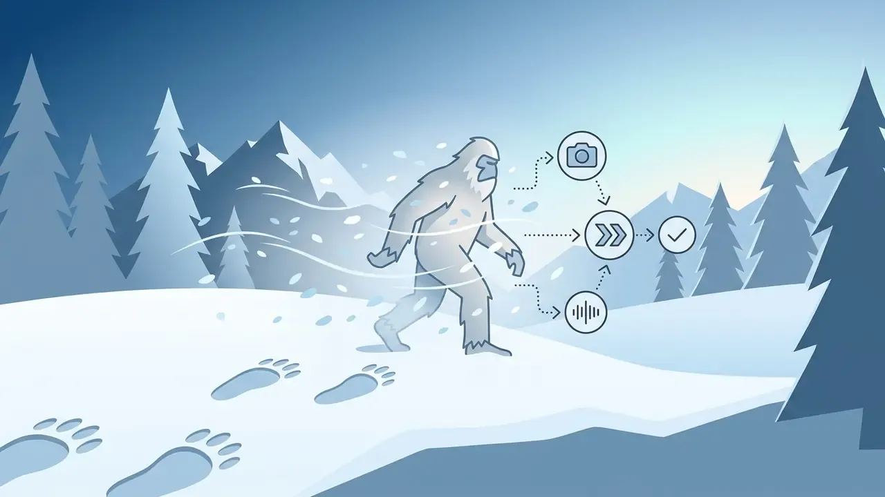 Yeti walking through a snowy forest with icons for camera, audio, and processing steps