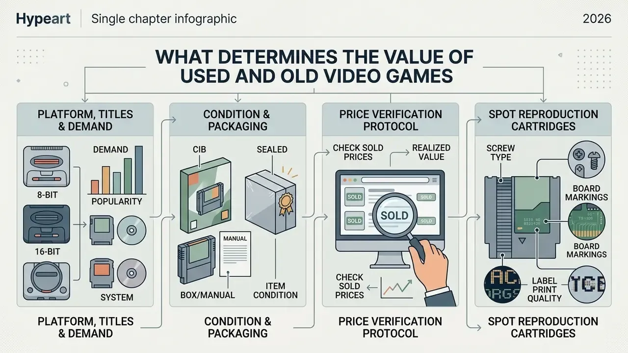 Infographic detailing factors like condition, platform demand, and price checks when you sell video games