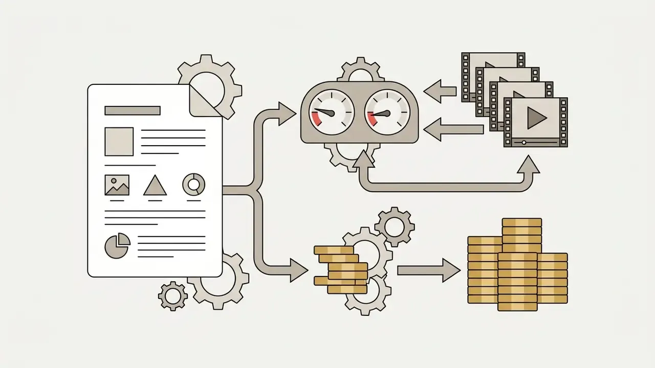 Process flow showing document inputs feeding into quality gauges and accumulating financial costs