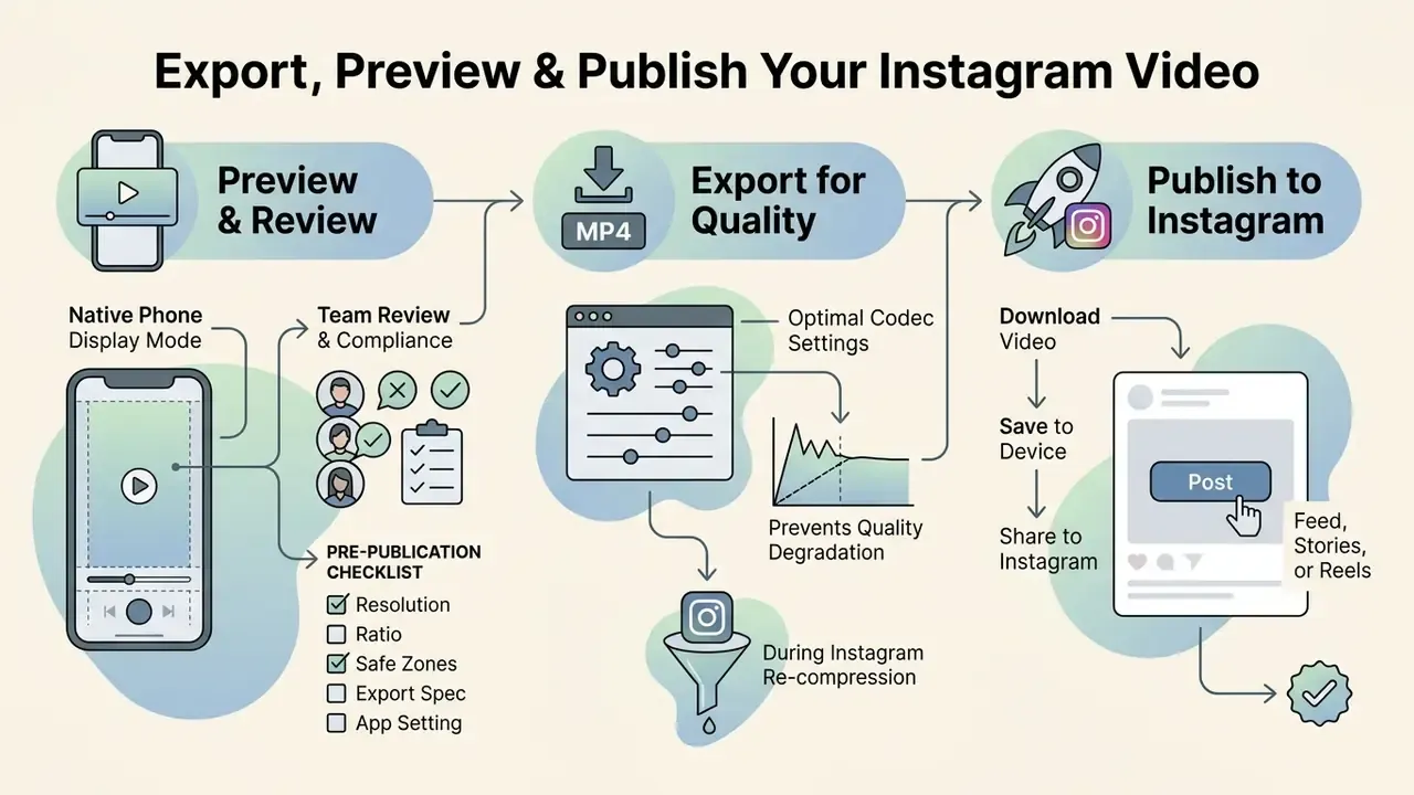 Flowchart detailing the steps to preview, export, and publish videos for Instagram to maintain quality