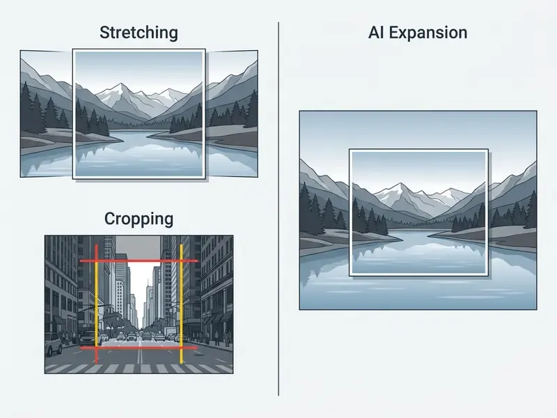 Comparison of stretching, cropping, and AI image extender methods for adjusting visual aspect ratios