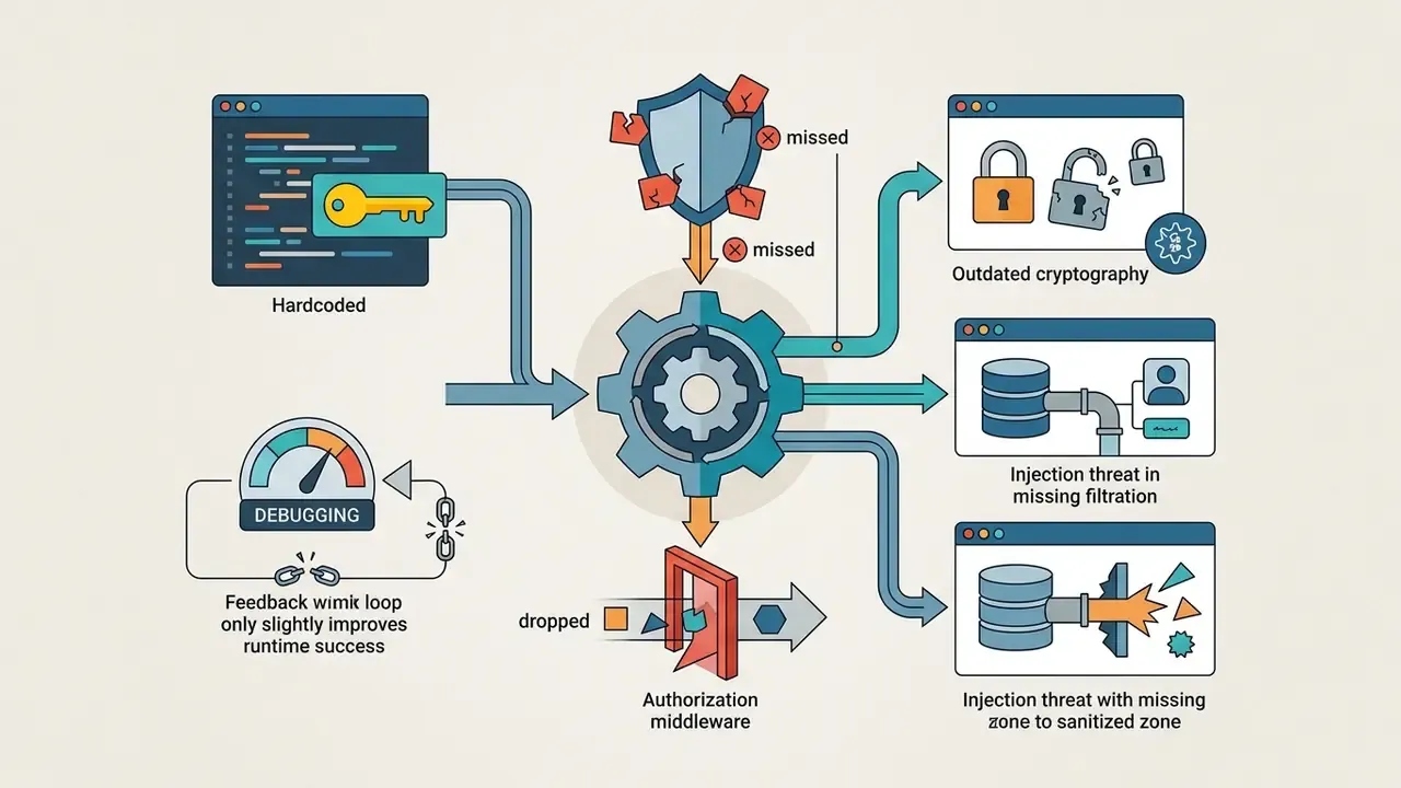 Code inputs flowing through a gear mechanism into various security vulnerabilities and failed defenses