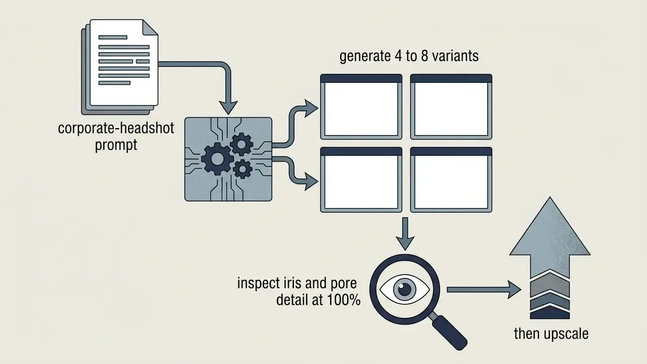 Prompt feeding into a processor to generate variants for inspection with a magnifying glass and upscaling