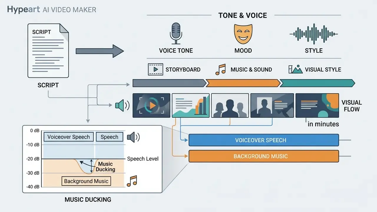 Diagram showing audio ducking and visual flow processes for adjusting tone, voice, and background music