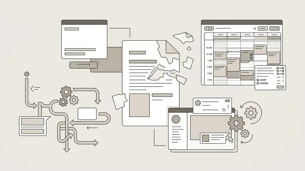 Tangled pathways, a torn document, a complex calendar interface, and a gear-driven editing workspace