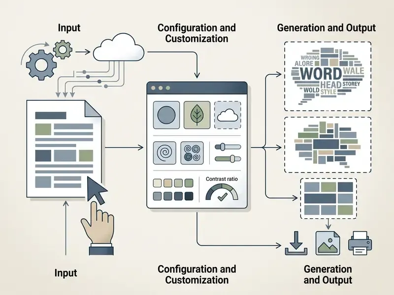 Workflow showing text input, design customization, and final word art generation options