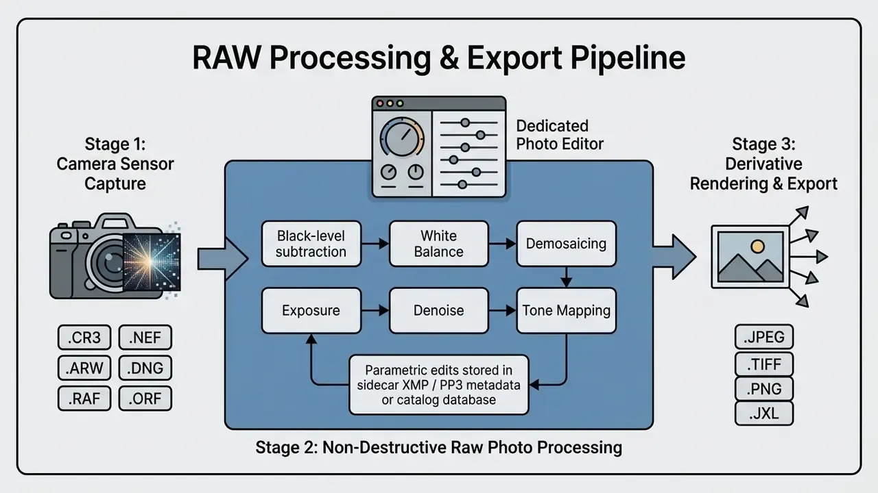 Diagram showing the workflow from camera sensor capture through non-destructive editing to final export